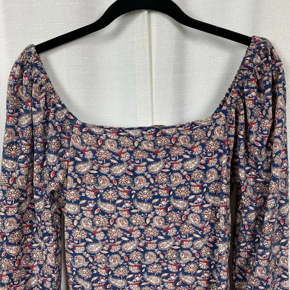 Boden Blue&Pink Paisley Puff Sleeve Sweetheart Neckline Jersey Top Sz.8